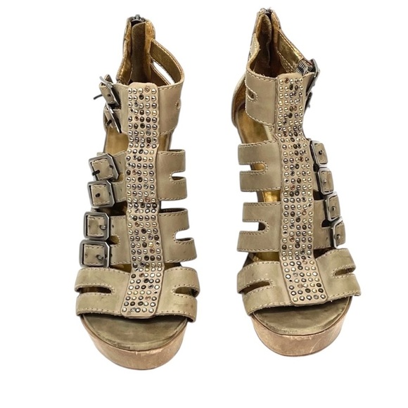 Cynthia Vincent Jett Wedge Leather Sandals 7.5 Buckle Heel Stones Cut Out - Picture 6 of 15